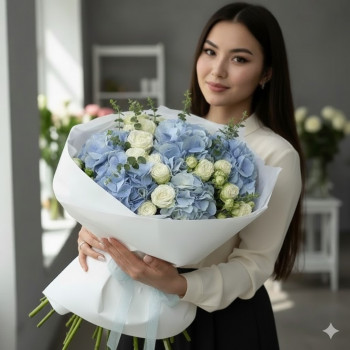 Букет из голубых гортензий итбелых роз Букет из голубых гортензий итбелых роз
